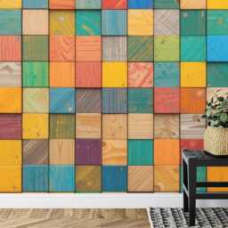3D Wooden Blocks Wallpaper Mural, Colorful Abstract Wall Decal, Kids Room Decor - thumbnail 3