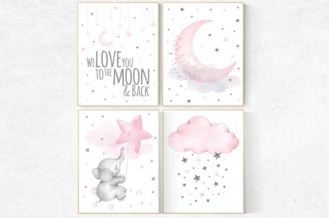 Elephant Nursery Prints Pink Moon, Stars, Cloud Wall Art - image 1