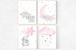 Elephant Nursery Prints Pink Moon, Stars, Cloud Wall Art - thumbnail 1