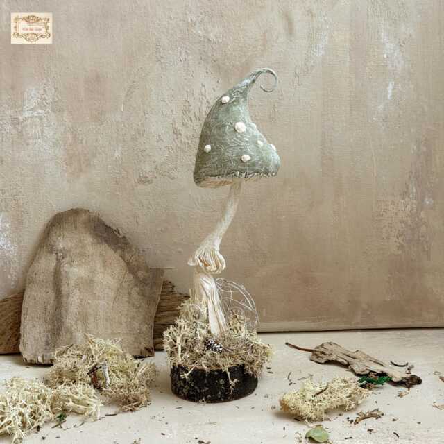Fairytale Mushroom Paper Sculpture On Wood Base & Natural Moss , Green Holiday Decor Christmas Decoration Toadstool Ornament - image 1