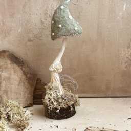 Fairytale Mushroom Paper Sculpture On Wood Base & Natural Moss , Green Holiday Decor Christmas Decoration Toadstool Ornament - thumbnail 2