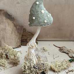Fairytale Mushroom Paper Sculpture On Wood Base & Natural Moss , Green Holiday Decor Christmas Decoration Toadstool Ornament - thumbnail 3