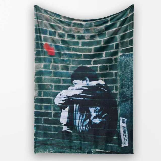 Young Couple Embracing On Teal Brick Wall Stencil Art, Decorative Comfortable Housewarming Gift - Super Soft Fleece Blanket Bed Sofa Throw - image 1
