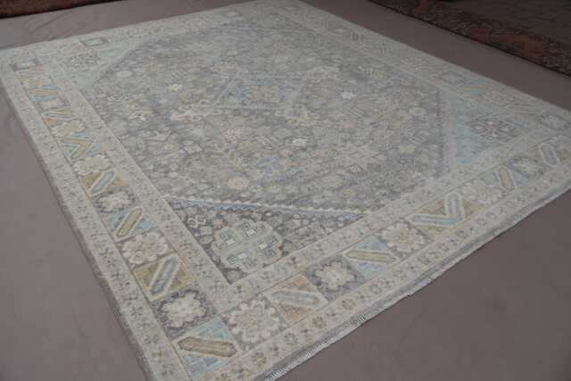 8x10 Handmade Afghan Rug, Turkish Hand Knotted Wool Oushak Slate Charcoal Gray Ivory White Taupe Sage Green, Muted Neutral Earth Tones - image 1