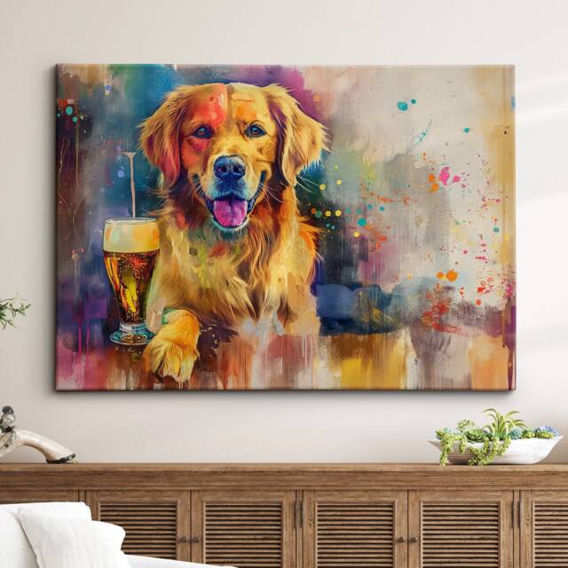 Golden Retriever Beer Glass Painting Framed Poster Print & Canvas Wall Decor Art Bar Kitchen Room Dog Gift Idea Pet - image 1