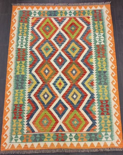Afghan Kilim Rug, Handmade Artisan Multicoloured Natural Wool Flatweave, Geometric Design, 200x152 cm - image 1