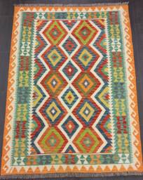 Afghan Kilim Rug, Handmade Artisan Multicoloured Natural Wool Flatweave, Geometric Design, 200x152 cm - thumbnail 1