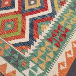 Afghan Kilim Rug, Handmade Artisan Multicoloured Natural Wool Flatweave, Geometric Design, 200x152 cm - thumbnail 4