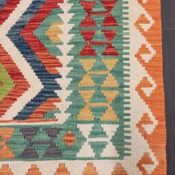 Afghan Kilim Rug, Handmade Artisan Multicoloured Natural Wool Flatweave, Geometric Design, 200x152 cm - thumbnail 2