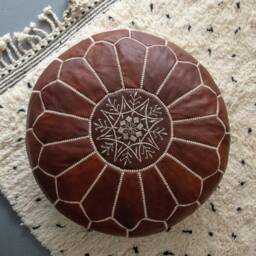 Moroccan Leather Pouffe - Handmade Leather Pouf Delivered Stuffed Ottoman, Footstool, Floor Cushion - Honey Brown - thumbnail 2
