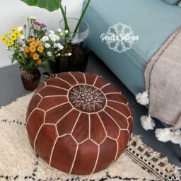 Moroccan Leather Pouffe - Handmade Leather Pouf Delivered Stuffed Ottoman, Footstool, Floor Cushion - Honey Brown - thumbnail 4