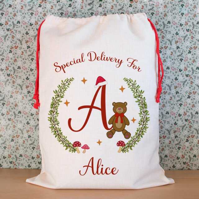 Personalised Christmas Teddy Bear Santa Sack Or Stocking - Custom Initial Toy Bag For Kids - image 1