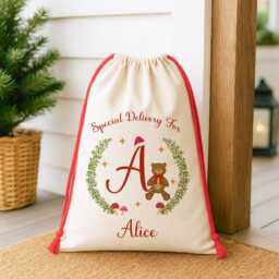 Personalised Christmas Teddy Bear Santa Sack Or Stocking - Custom Initial Toy Bag For Kids - thumbnail 4