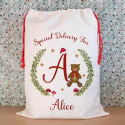 Personalised Christmas Teddy Bear Santa Sack Or Stocking - Custom Initial Toy Bag For Kids