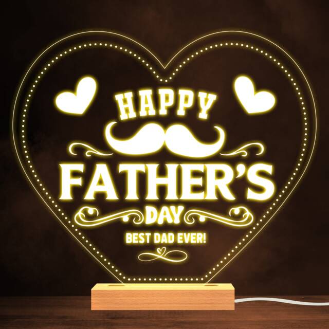 Moustache Happy Father's Day Best Dad Ever Hearts Personalised White Night Light - Gift Bedroom Lamp - image 1