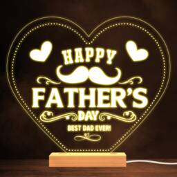 Moustache Happy Father's Day Best Dad Ever Hearts Personalised White Night Light - Gift Bedroom Lamp