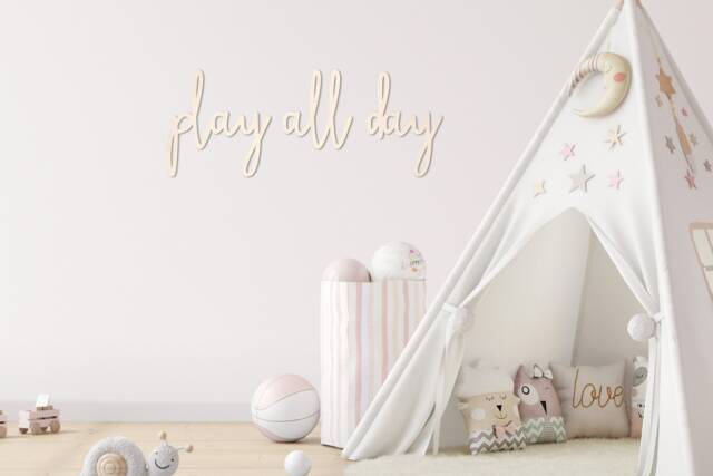Play All Day Wooden Words Wall Art Sign, Nursery Decor - image 1