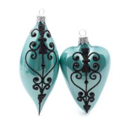 2 Large Blown Glass Flock Oval Heart Christmas Tree Ornaments Blue Black Handmade in Czech - thumbnail 1