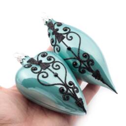 2 Large Blown Glass Flock Oval Heart Christmas Tree Ornaments Blue Black Handmade in Czech - thumbnail 2