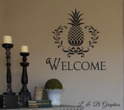 Welcome Pineapple -Vinyl Wall Decal - Entryway - Quotes - Home Decor - Laurel Wreath - thumbnail 1