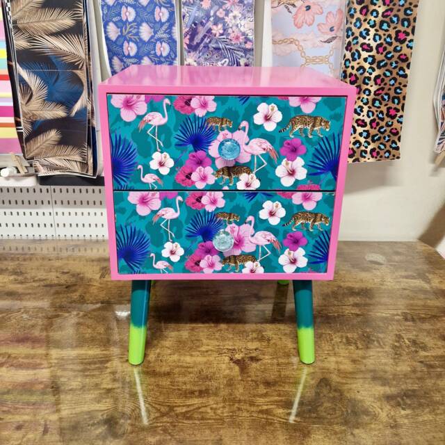 Light Pink & Teal Nightstand. Flamingo, Flower Tropical Leaf Design Bedside Table. Customisable End Table - image 1