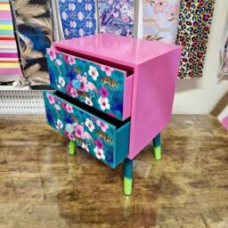 Light Pink & Teal Nightstand. Flamingo, Flower Tropical Leaf Design Bedside Table. Customisable End Table - thumbnail 2