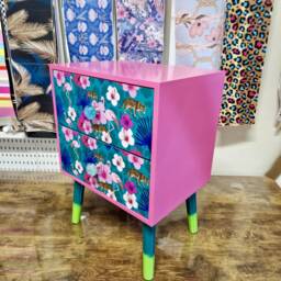 Light Pink & Teal Nightstand. Flamingo, Flower Tropical Leaf Design Bedside Table. Customisable End Table - thumbnail 3