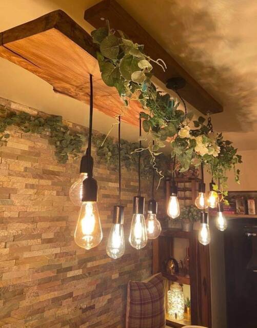 Rustic Handmade Live Edge Wooden Pendant Ceiling Light Fixture, Edison Bulb Holders & Black Fittings, Waxed in Medium Oak - image 1