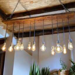 Rustic Handmade Live Edge Wooden Pendant Ceiling Light Fixture, Edison Bulb Holders & Black Fittings, Waxed in Medium Oak - thumbnail 2