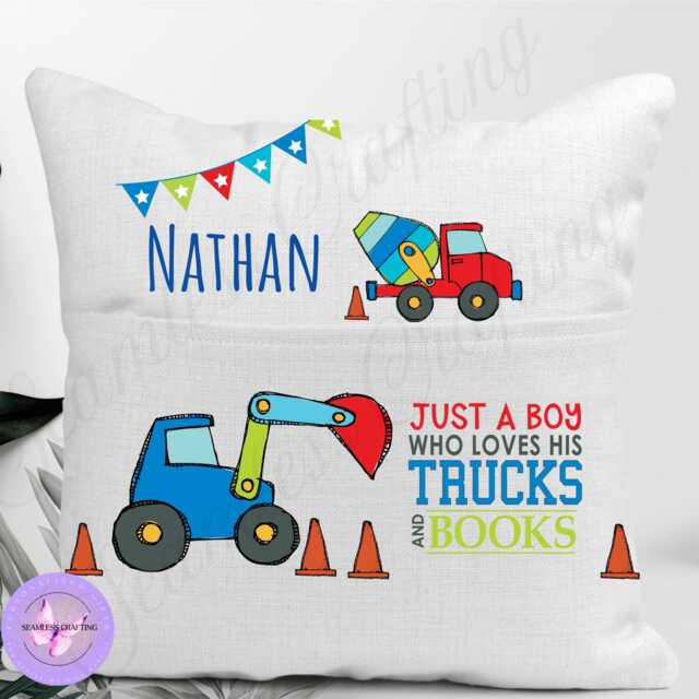 Personalised Boys Reading Cushion Trucks & Books Linen Pillow With Pocket - image 1