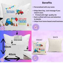 Personalised Boys Reading Cushion Trucks & Books Linen Pillow With Pocket - thumbnail 3