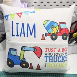 Personalised Boys Reading Cushion Trucks & Books Linen Pillow With Pocket - thumbnail 4