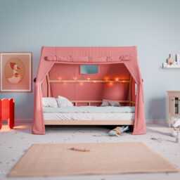 Floor Bed With Rails - Strawberry Canopy Solid Alder Wood Toddler Frame Bedroom Furniture For Kids - thumbnail 3
