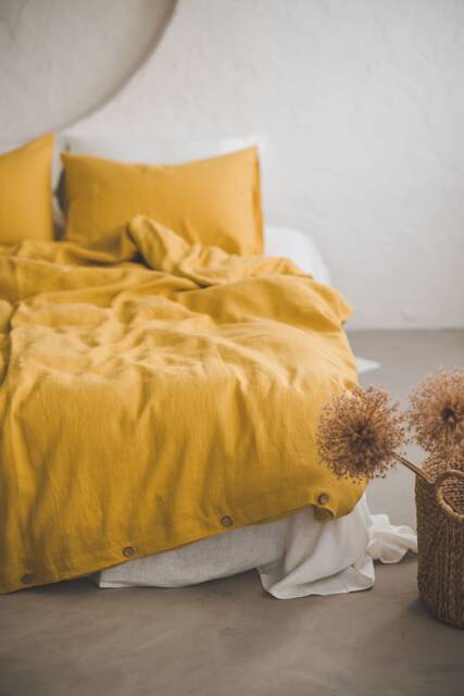 Mimosa Yellow Linen Duvet Cover With Coconut Buttons, Premium Quality Bedding, Handmade Natural Cover, Lithuanian Linen - image 1