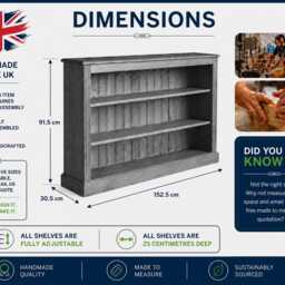 Solid Pine, Wooden 3Ft X 5Ft Low Bookcase, Adjustable Wide Handmade Display Shelving Unit, Hallway Storage Bookshelves - thumbnail 3