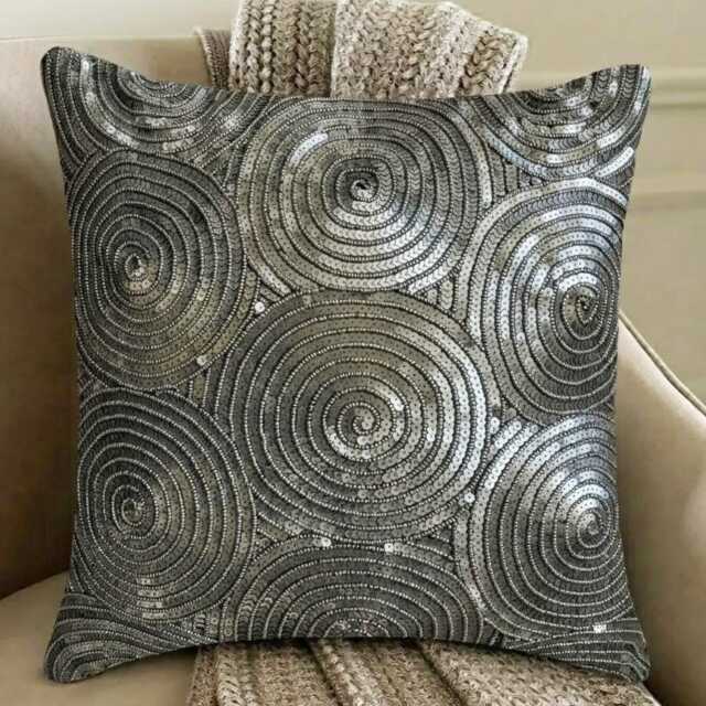 Silver Art Silk, Sequin Embroidered Circle & Dots Pattern, Modern Throw Pillow Cover/Euro Sham - All Eyes On - image 1
