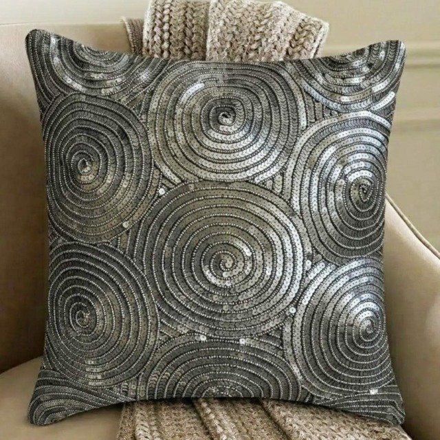 Silver Art Silk, Sequin Embroidered Circle & Dots Pattern, Modern Throw Pillow Cover/Euro Sham - All Eyes On - image 1