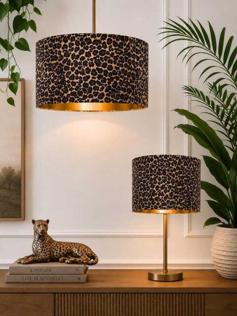 New Luxury Premium Quality Animal Sand Leopard Faux Fur Realistic Skin Velvet Drum Shape Lamp Shade Pendant Light With Metallic Lining - image 1
