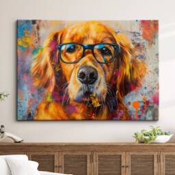 Golden Retriever Wearing Glasses Painting Framed Poster Print & Canvas Wall Decor Art Home Living Room Dog Gift Idea Pet