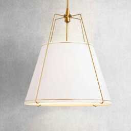 1950S Mid-Century Modern Brass Pendant - Lumina Cradle Ceiling Light, Italian Fabric Shade Chandelier Fixture - thumbnail 1