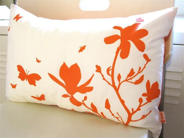 Orange Magnolia & Butterfly Pillow Silkscreened Cotton Accent Pillow - image 1