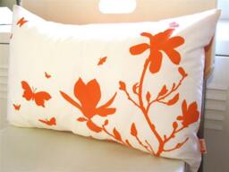 Orange Magnolia & Butterfly Pillow Silkscreened Cotton Accent Pillow - thumbnail 1
