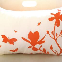 Orange Magnolia & Butterfly Pillow Silkscreened Cotton Accent Pillow - thumbnail 2