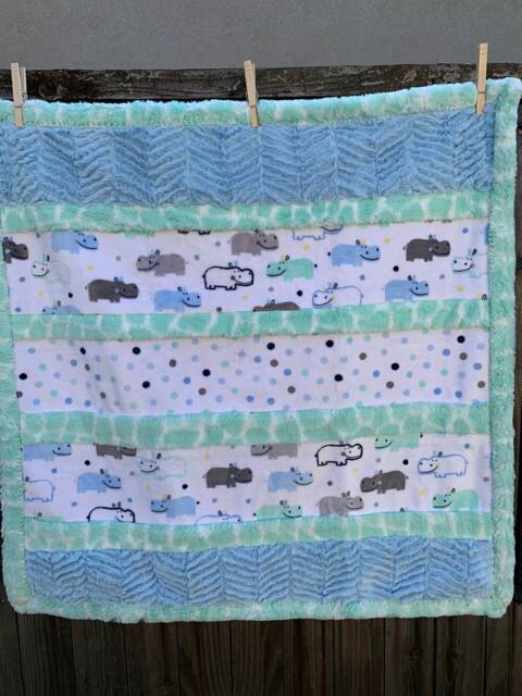 Handmade Modern Baby Minky Blanket Light Blue, Mint Green, Hippopotamus & Polka Dot - image 1