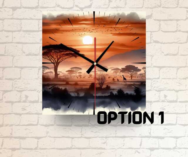 Landscape Wall Clock Glass Square, African Sunset Or Mountain Scene Decor, Nature Gift - image 1