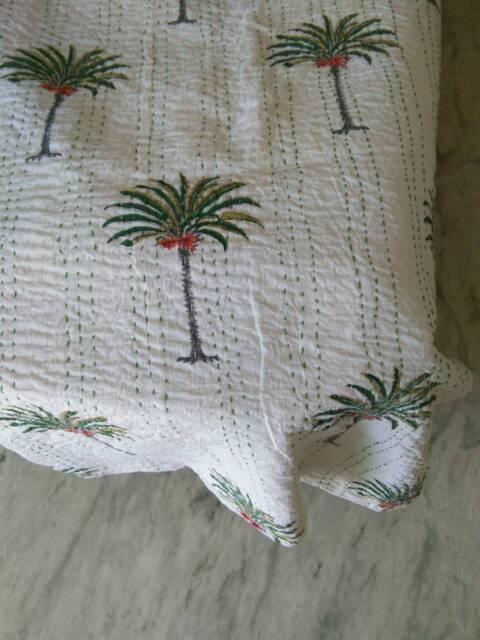 Beautiful Palm Tree Print New Handblock Indian Bedspread Blanket Perfect Bed Matching Kantha Quilt Size Multi - image 1