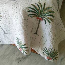 Beautiful Palm Tree Print New Handblock Indian Bedspread Blanket Perfect Bed Matching Kantha Quilt Size Multi - thumbnail 2