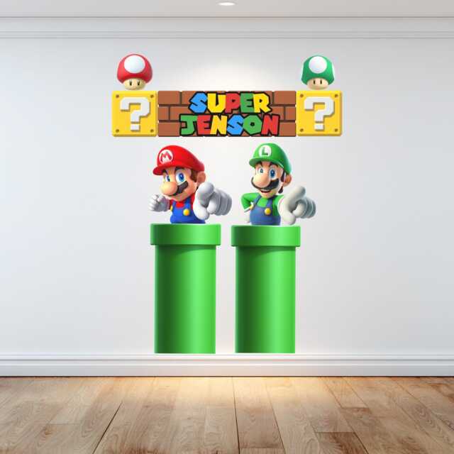 Super Mario & Luigi Out Of Pipes Pointing At You Personalized Name On Blocks Children's Games Room Decoration Wall Vinyl Graphic Sticker - image 1