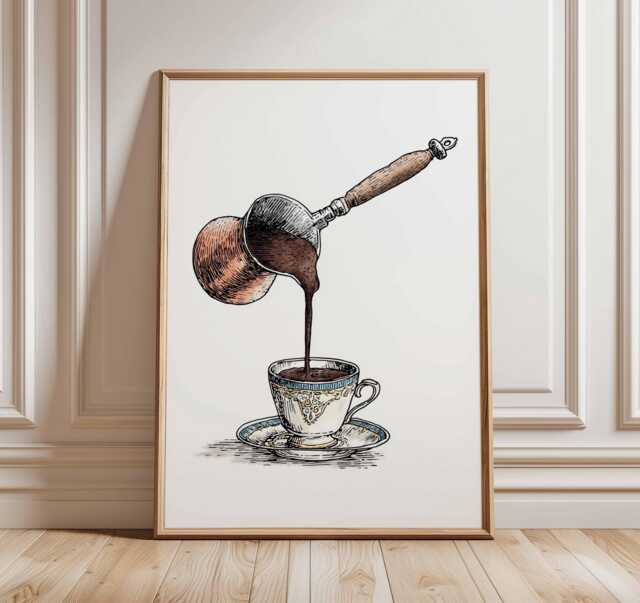 Turkish Coffee Pouring Wall Art Print, Vintage Cezve Poster, Rustic Kitchen Decor, Barista Gift, Traditional Illustration - image 1