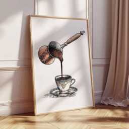 Turkish Coffee Pouring Wall Art Print, Vintage Cezve Poster, Rustic Kitchen Decor, Barista Gift, Traditional Illustration - thumbnail 2